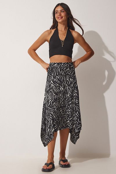 Happiness İstanbul Fustă tricotată asimetrică cu model negru vibrant pentru femei MC00177