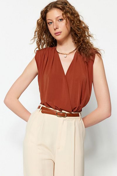 Trendyol Collection Коричневий ватяний двобортний комір еластичний укорочений Orme Body TWOSS23BD00007