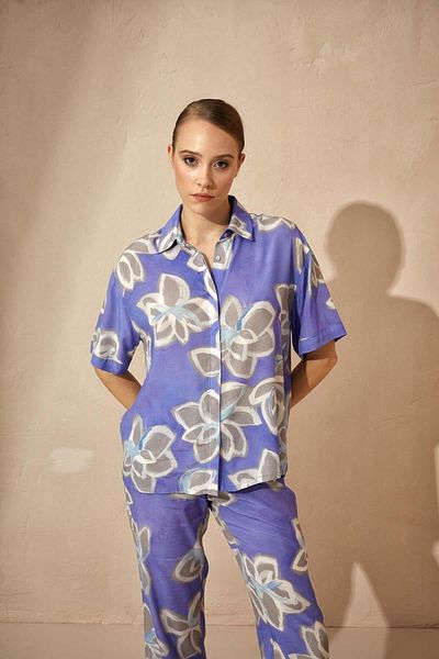 Hays Women's Vegan Woven Short Sleeve Shirt Collar Lilac Pajamas Set 3c2t1n46