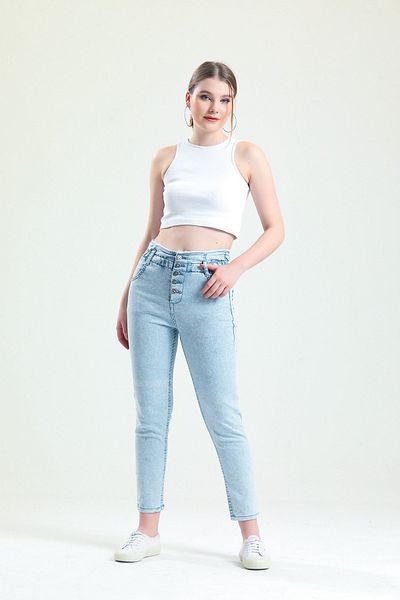 SHEVEGA Blugi Mom Jeans de damă, albastru gheață, cu detaliu cu nasturi (țesătură subțire)