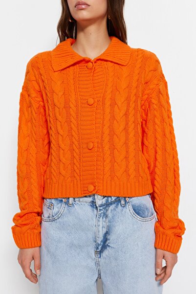 Trendyol Collection Polo Neck Orange Knitwear Crop Cardigan - Twoaw22Hi0448