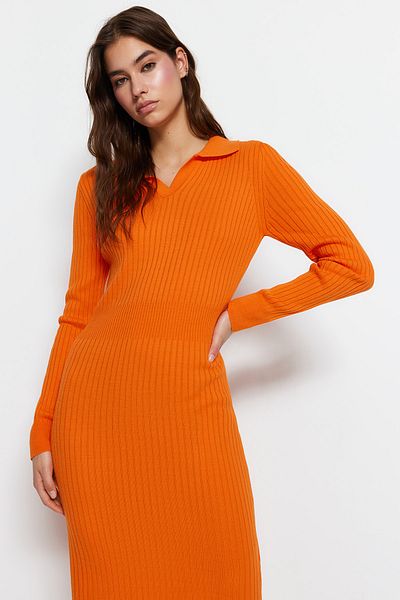 Trendyol Collection Orange Midi Knitwear Polo Neck Dress TWOAW22EL1376