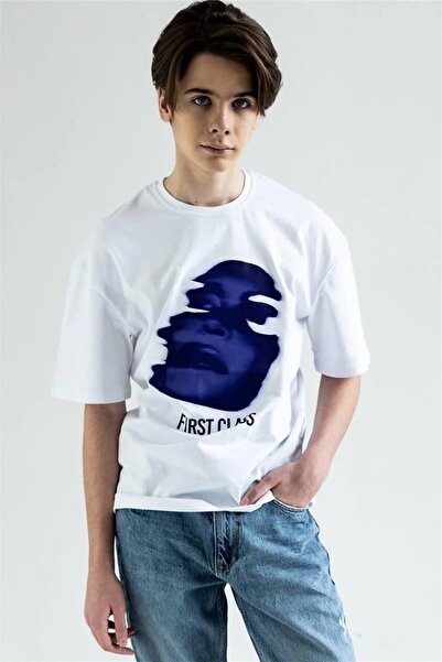 Machetta Plus Size White First Class Printed Cotton Oversize Crew Neck T-shirt