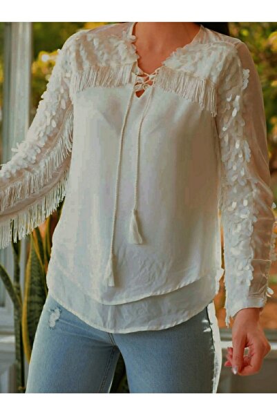 Hepsibitarz Kadın Krem Pul Püskül Detaylı Retro Bluz