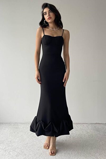 bayansepeti Rochie neagră Atlas Fabric Lungime midi cu căptușeală la piept - Fusta cu volan 161