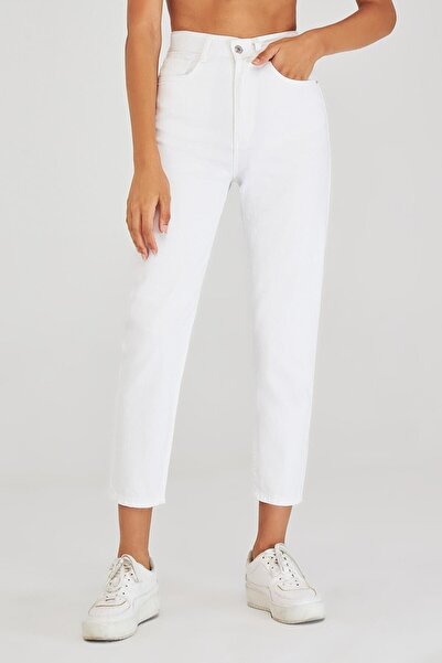 Geppetto High Waist Mom Fit Coral Jeans - 100% Koton Denim, White Color