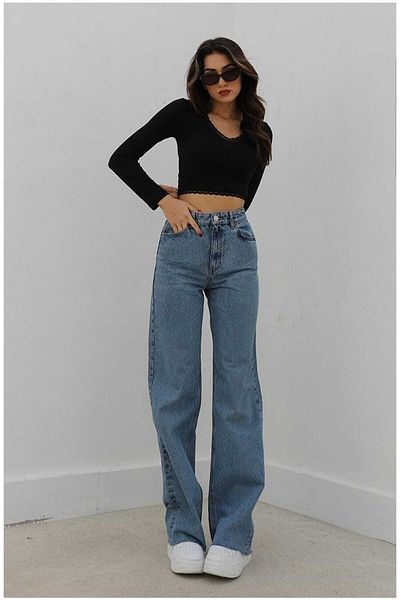 Geppetto Hot Women Ikon Blue Snow Wash Lycra Pantaloni largi cu talie superioară. (super sus.)