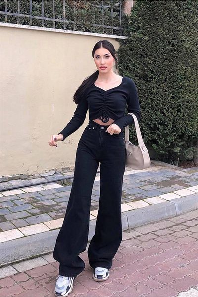 Geppetto Jet Black Lycra anii 90, blugi largi cu talie super înaltă Pantaloni Palazzo. (super ridicat)