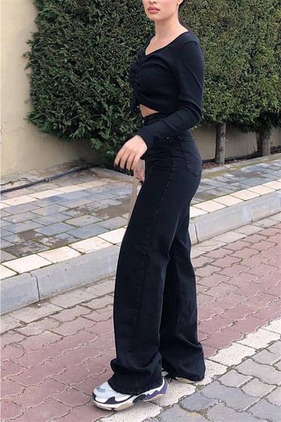 Geppetto Jet Black Lycra anii 90, blugi largi cu talie super înaltă Pantaloni Palazzo. (super ridicat)