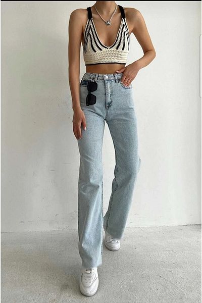 Geppetto Blugi de damă albastru deschis pentru spălarea zăpezii, talie înaltă, picior largi, din denim, Jean Comfort Lycra