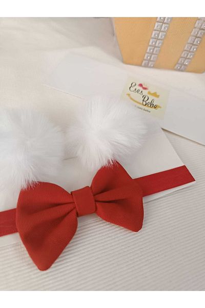 ESES BEBE Pompon alb pentru bebelusi pentru copii - Set Bandana Panglica Rosie