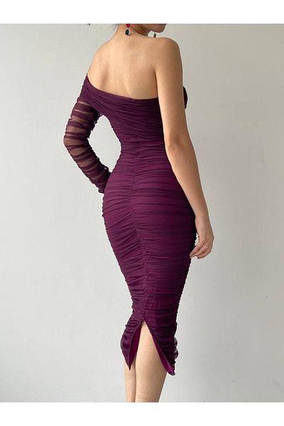 Afiş Butik Rochie midi cu un singur umăr din tul mov prune