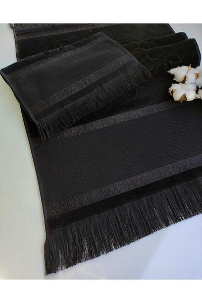mihriban Set of 2 Cross-stitched Fringed Etamine Embroidered Velvet Towels Mother and Daughter