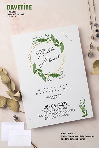 Hsn Nişan Düğün Davetiyesi Baskılı Zarflı 100 Adet