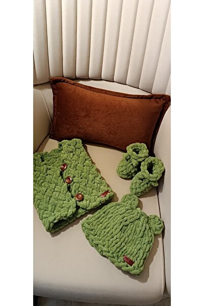 Moda Biçer Soft Hand Knitted 100% Organic Antiallergenic Baby Vest with Teddy Bear