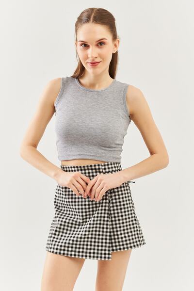 Butikgiz Γκρι λαιμόκοψη με 100% βαμβακερή καμιζόλα Flexible Crop Μπλούζα