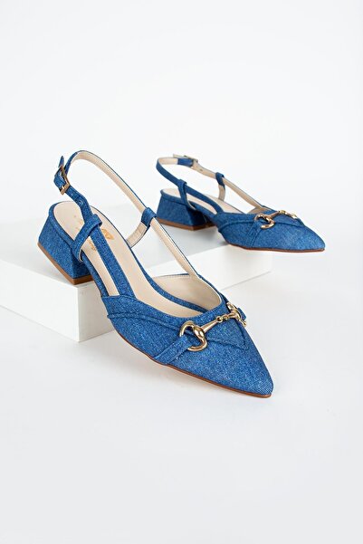 MissPapatya Balerini de damă Lemina din țesătură denim bleumarin cu curea și ...