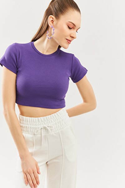 Butikgiz Bluză crop elastică, mov, cu mânecă scurtă, cu decolteu, 100% bumbac