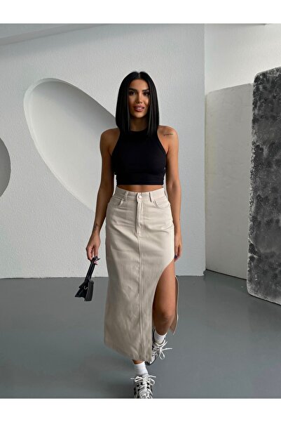 LB Laluna Butik Fustă de damă, cu talie înaltă, cu tăietură laterală, lungime midi