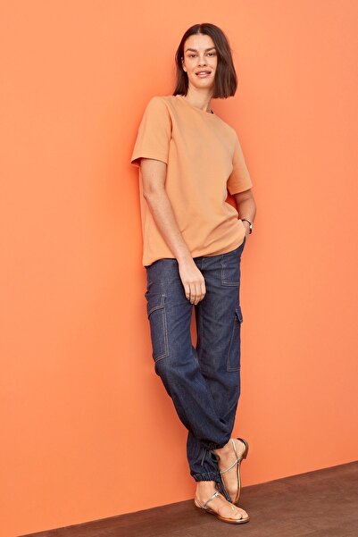 BESSA Women's Orange Crew Neck Cotton Basic T-shirt Oversize