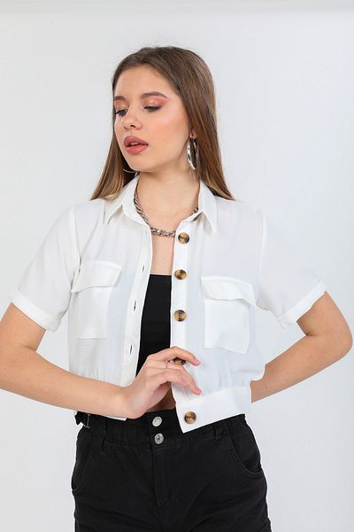 candybia Women's White Pocketed Short Sleeve Summer Linen Viscose Jacket