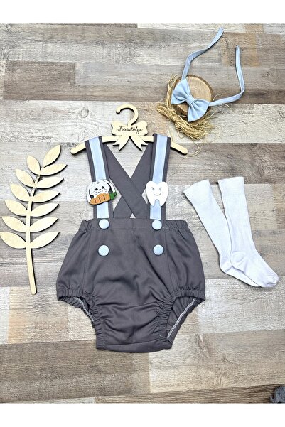 Feriatolye Diş Buğdayı Erkek Bebek Romper Gri Mavi Salopet