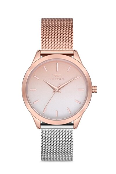 FERRO ساعة يد نسائية بحبل من القش باللون الوردي والفضي F21119c-e5
