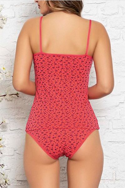 PIJAMASSTORE Red Floral Patterned Top Lace Rope Strap Underwear Set