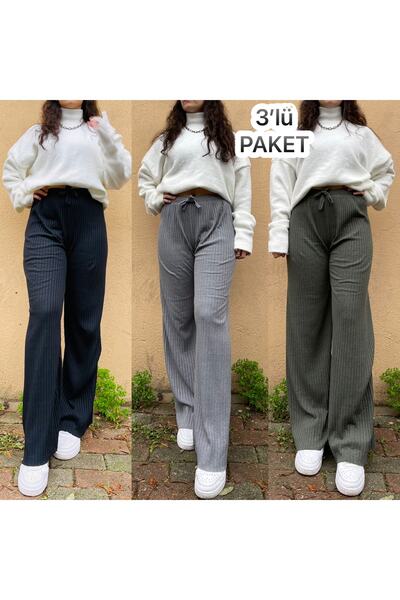 Betimoda Pachet de 3 pantaloni de pijama pentru femei din velur cu dungi din bumbac pieptănat, negru, afumat, verde armat