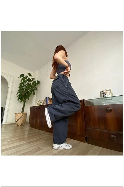 Gofeel Parachute Fabric Adjustable Waist Detail Smoked Color Loose Trousers Smoked