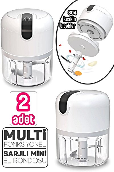 Tilbe Home 2'li Şarjlı Mini El Rondosu Çelik 3 Bıçaklı 250 Ml Mutfak Robotu Hazneli Sebze Et Doğrayıcı Rende