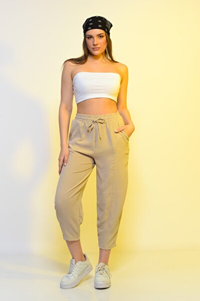 Textile Slot Ince Yazlık Kadın Yüksek Bel Rahat Salaş Pamuklu Slouchy Fit Bas...