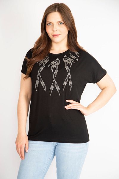 Şans Women's Black Plus Size Crew Neck Stone Detailed Low Sleeve Blouse 65n36318