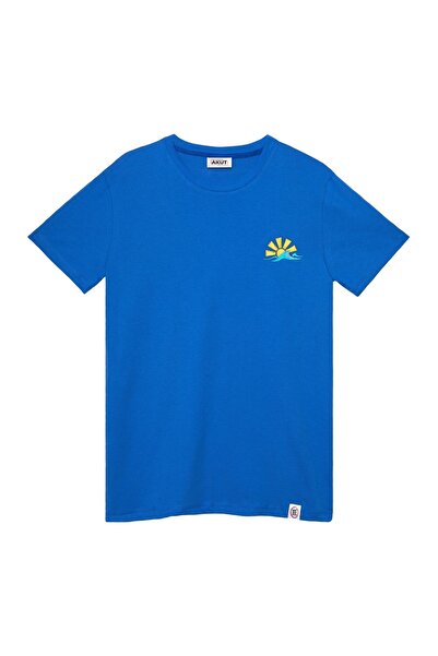 Dalga Motifli Unisex Tişört - Mavi - Xxl