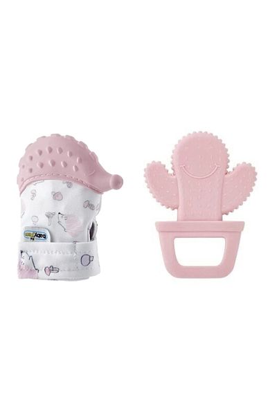 Babyjem طقم عضاضة للأسنان مكون من قطعتين، قفاز على شكل قنفذ، عضاضة باللون الوردي الصبار