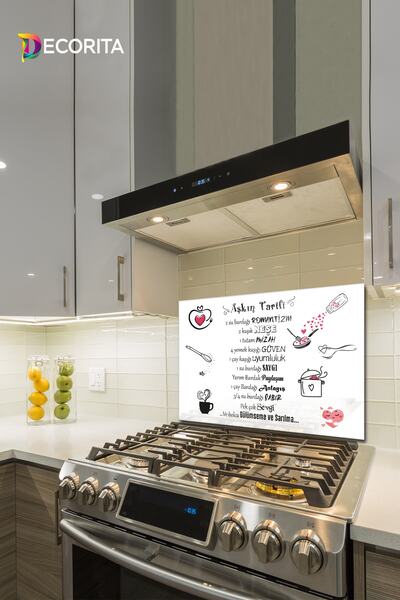 Decorita Cam Ocak Arkası Koruyucu | Aşkın Tarifi | Beyaz Fon | 49,5cm X 76cm