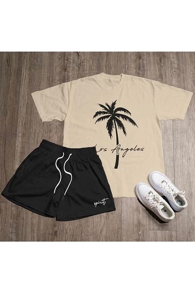 PUNIX Special Production Crew Neck Palm Los Angeles Printed 100% Cotton Men's T-shirt Shorts Set