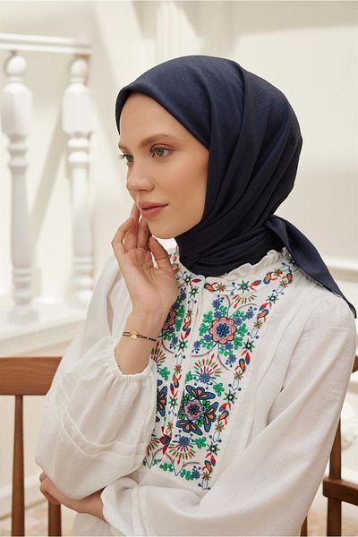 Şalland Plain Silk Viscose Scarf Series Dark Navy Blue