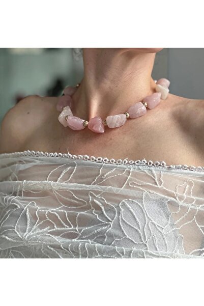 Hazeran accessories Ham Pembe Kuvars Taşlı Tasarım Kolye