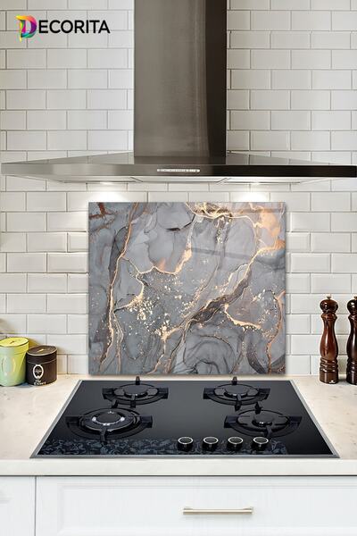Decorita Cam Ocak Arkası Koruyucu | Gri Gold Mermer | 52cm X 60cm
