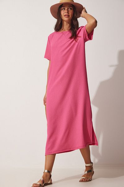 Happiness İstanbul Rosa, lockeres, langes, lässiges Strickkleid - Dz00076