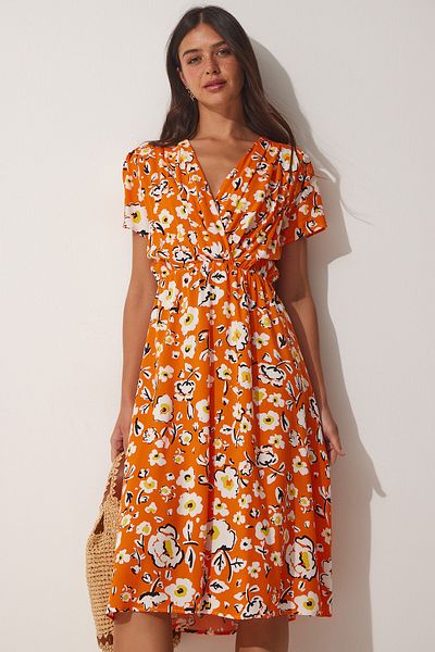 Happiness İstanbul Women's Orange Floral Wrap Collar Viscose Dress CI00085