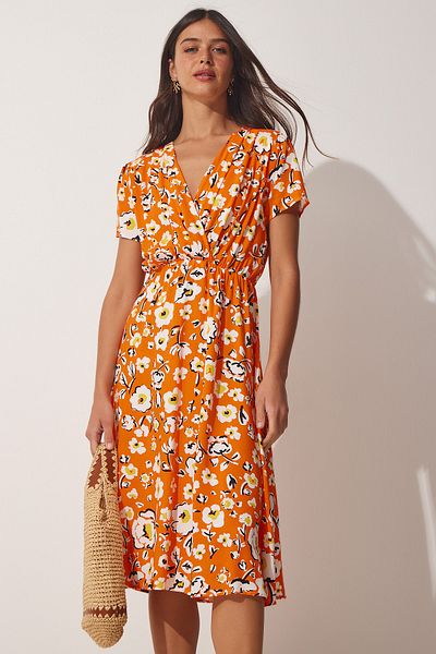 Happiness İstanbul Women's Orange Floral Wrap Collar Viscose Dress CI00085