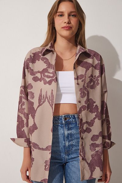 Happiness İstanbul Damen Oversize Popeline Hemd in Pflaumenbeige mit Muster DD01227