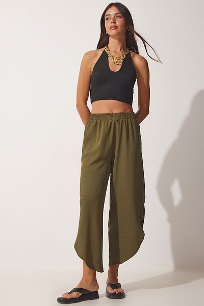 Happiness İstanbul Dámské khaki kalhoty Ayrobin Shalwar s bočním rozparkem DE00001