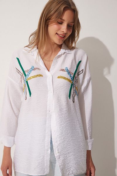 Happiness İstanbul Női fehér flitteres oversize Ayrobin ing TU00021