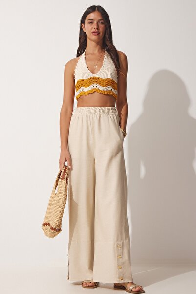 Happiness İstanbul Dámské krémové stylové plátěné kalhoty Palazzo s detaily MX00095