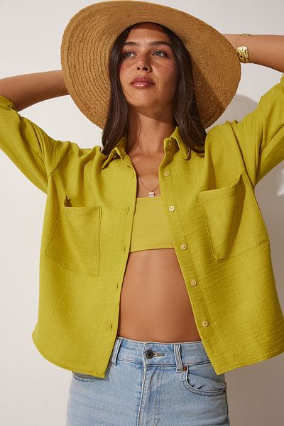 Happiness İstanbul Ölgrünes Ayrobin Crop-Shirt mit Taschen für Damen MW00118