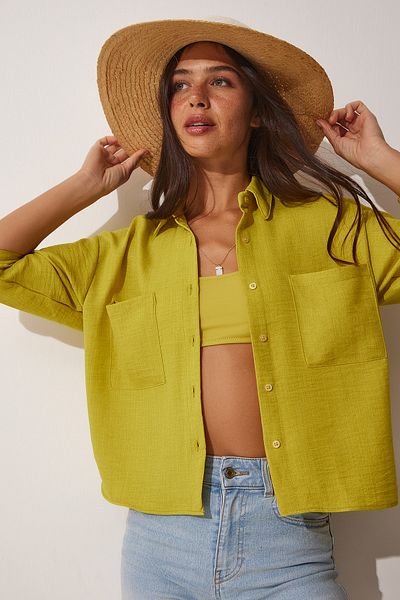 Happiness İstanbul Ölgrünes Ayrobin Crop-Shirt mit Taschen für Damen MW00118