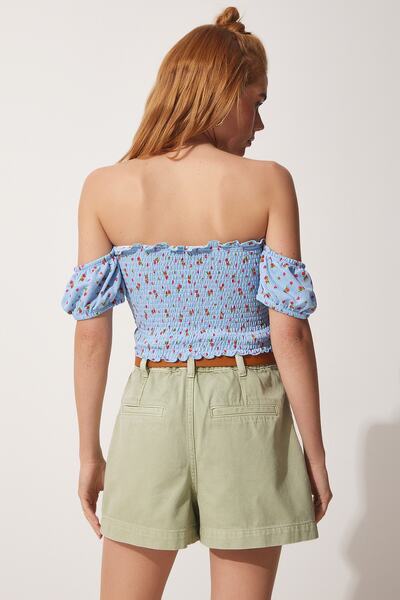 Happiness İstanbul Bluză tricotată cu guler Carmen albastru pentru femei UB00085